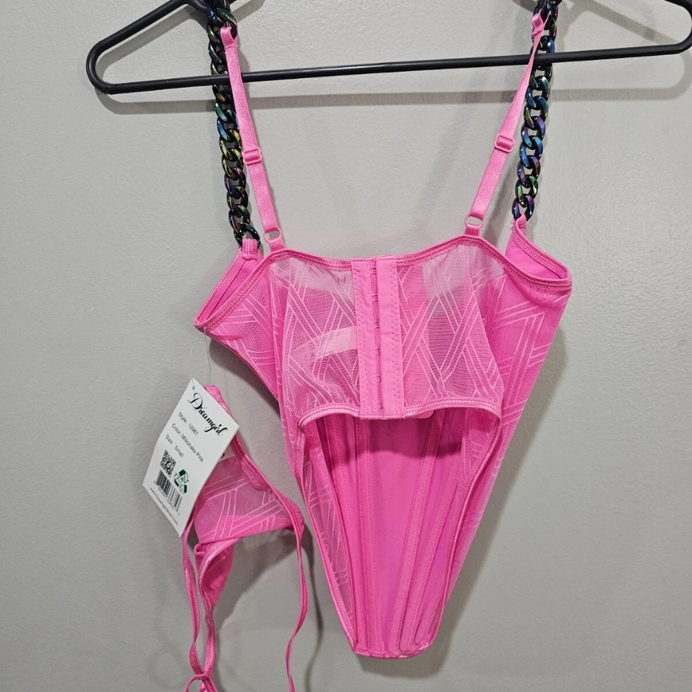 Valentines Dreamgirl Pink Satin diamond mesh bustier Top G-string thong set S - Picture 7 of 8